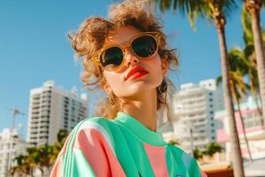 Young Woman Enjoys Sunny Day in Miami Wearing Stylish Sunglasses and Colorful Outfit photo