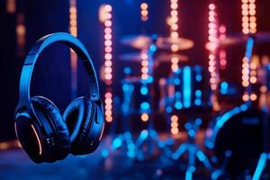 Headphones Hang in a Colorful Music Studio With Drums in the Background During a Recording Session photo