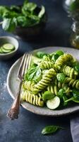 Fresh Pasta Salad With Spinach and Cucumber on a Rustic Plate photo