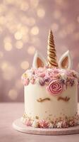 Delightful Unicorn Cake With Pink Frosting and Golden Horn for a Special Celebration photo