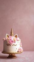 Delightful Unicorn Cake With Pink Frosting and Golden Horn for a Special Celebration. photo