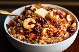 Warm Quinoa Bowl Topped With Butter and Mixed Nuts Served in a Cozy Setting photo
