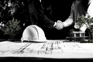 Contract Signing Between Business Partners at a Construction Site With Blueprints and Safety Helmet Present photo