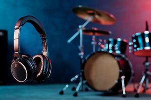 Stylish Headphones Float Near a Vibrant Drum Set in a Music Studio photo