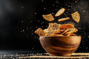 Crunchy Sesame Crackers Flying From Wooden Bowl With Golden Dust in Dark Background photo