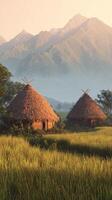 Rustic Huts Surrounded by Lush Fields and Mountains at Dawn in a Tranquil Rural Landscape. photo