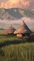 Rural Huts Surrounded by Green Fields and Majestic Mountains at Sunset photo