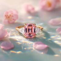 Elegant Pink Ring Displayed Among Soft Rose Petals in Natural Light. photo