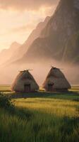 Rural Huts Surrounded by Green Fields and Majestic Mountains at Sunset. photo
