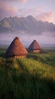 Rustic Huts Surrounded by Lush Fields and Mountains at Dawn in a Tranquil Rural Landscape photo