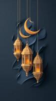 Hanging Lanterns With Warm Light and Crescent Moon in Dark Atmosphere. photo
