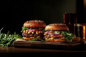 Delicious Gourmet Burgers With Fresh Ingredients Displayed on a Wooden Board. photo