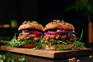 Delicious Gourmet Burgers With Fresh Ingredients Displayed on a Wooden Board photo