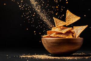 Crunchy Sesame Crackers Flying From Wooden Bowl With Golden Dust in Dark Background. photo