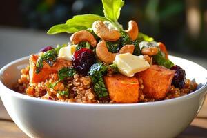 Warm Quinoa Bowl Topped With Butter and Mixed Nuts Served in a Cozy Setting. photo