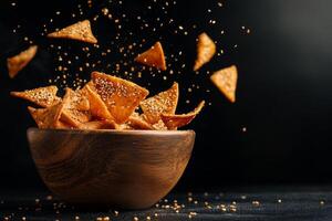 Crispy Tortilla Chips With Sesame Seeds Flying From a Wooden Bowl on a Dark Background photo