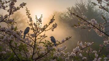 Two birds on blooming branches in misty sunrise forest with cherry blossoms, peaceful spring nature and wildlife concept photo