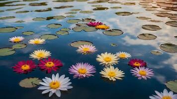 Multicolored water lilies floating on peaceful pond with lily pads and sky reflections, spring floral nature landscape photo