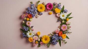 Spring floral wreath with colorful blossoms arranged in a circle on soft pink background, ideal for seasonal decoration photo
