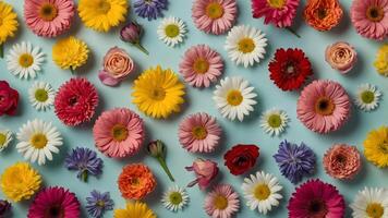 Top view of assorted spring flowers arranged on pastel blue background, vibrant seasonal composition in flat lay style photo