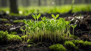 Cluster of green seedlings growing under soft spring sunlight in forest soil, symbol of collective growth and vitality photo