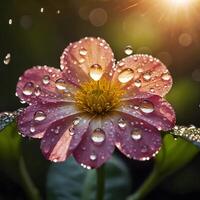 Macro of pink flower with large raindrops on petals, warm sunlight backlight y bokeh. Fresh nature photo