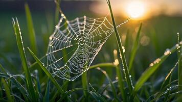 Sunlit spiderweb with sparkling dew drops in grass, sunrise bokeh background, magical nature scene photo