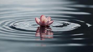 Pink cherry blossom on shimmering water with distinct ripples. Serene nature macro detail photo