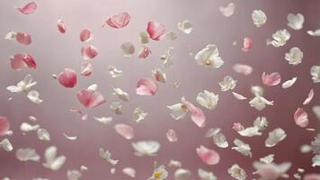 Colorful flower petals in motion, scattered across a soft blurred background, creating a serene and magical spring atmosphere photo