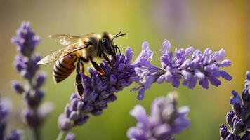 Close-up of honeybee collecting nectar from lavender flower in spring, symbol of pollination, nature harmony and biodiversity photo