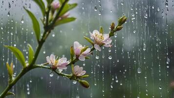 Delicate spring blossoms with raindrops, close-up view of blooming flowers in the rain with nature's soft bokeh background photo