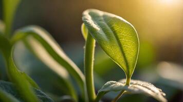 Close-up of a young plant sprout with leaf opening in soft morning light. Nature's fresh start photo