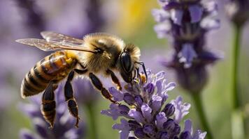Macro shot of honeybee pollinating lavender flower in spring sunlight, detailed wings and soft bokeh background, nature close-up photo