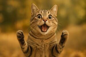 A cat is standing up with its mouth open photo