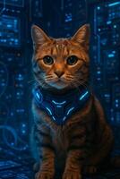 A cat wearing a futuristic collar in front of a computer screen photo
