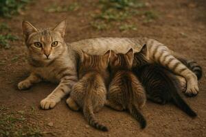 A cat with three kittens laying on the ground photo