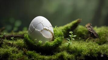Fragile Cracked White Eggshell Nestled in Green Moss with Tiny Sprouts. photo