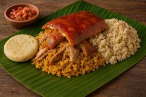 A plate with rice, meat and a side dish photo