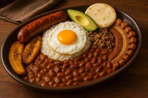 A plate of food with beans, rice, eggs, and a fried egg photo