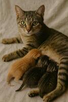 A cat with a litter of kittens photo