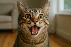 A cat is looking at the camera with its mouth open photo