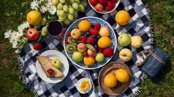 Assorted fruits and a glass of wine on a black and white checkered picnic blanket photo