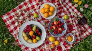 Colorful fruit picnic on a checkered red tablecloth with flowers and wine photo