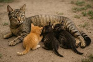 A cat and her kittens are laying on the ground photo