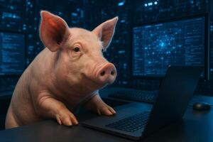 A pig sitting in front of a computer photo