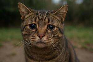 A close up of a cat with a sad face photo