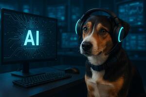 Ai dog with headphones on computer screen photo