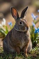 A rabbit sitting in the grass with blue flowers photo