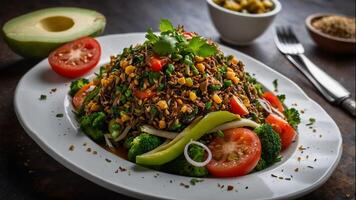 A plate of food with vegetables and tomatoes photo