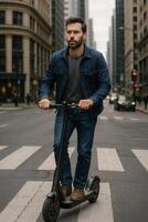 Man on electric scooter in city photo